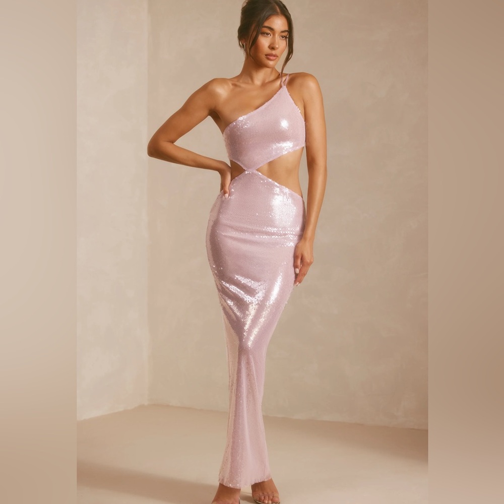 Oh Polly One-Shoulder Pink Sequin Maxi Dress